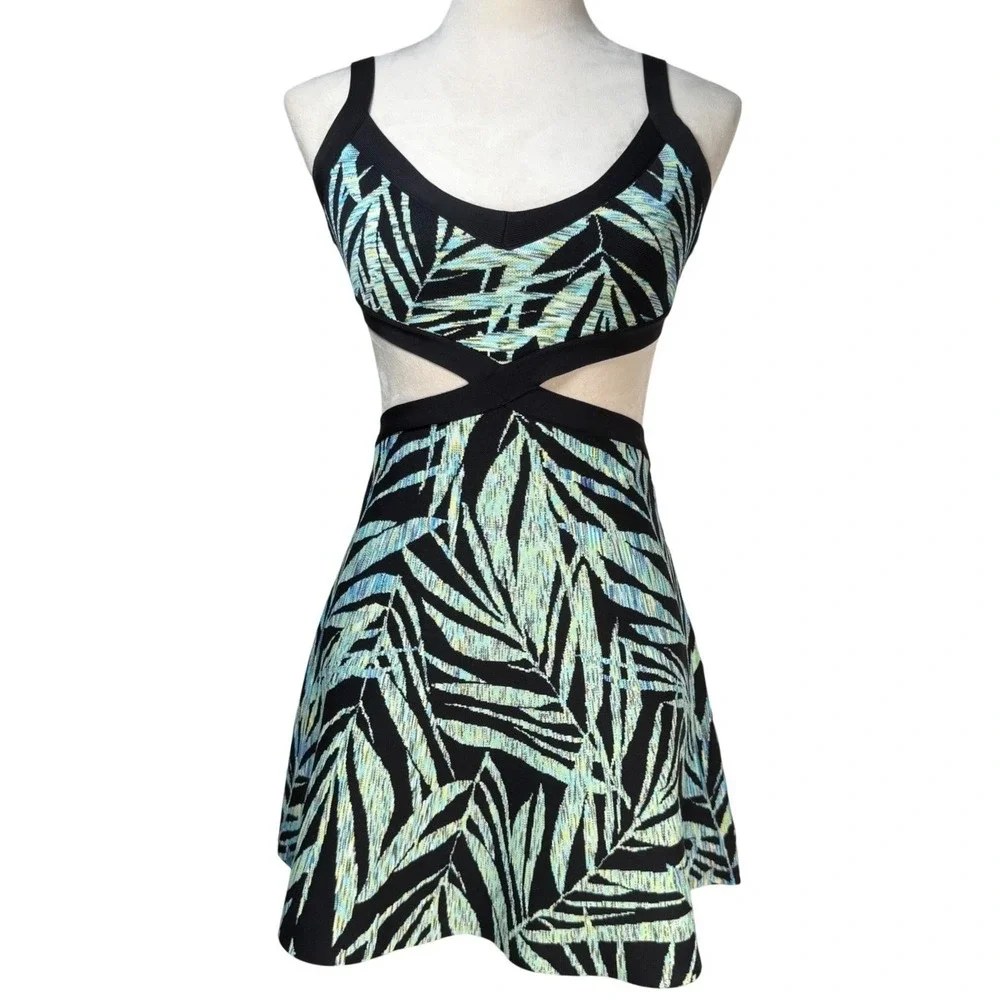 BCBGMAXAZRIA Cutout Mini Dress XS Tropical Palm Print Resortwear‎ Summer Party